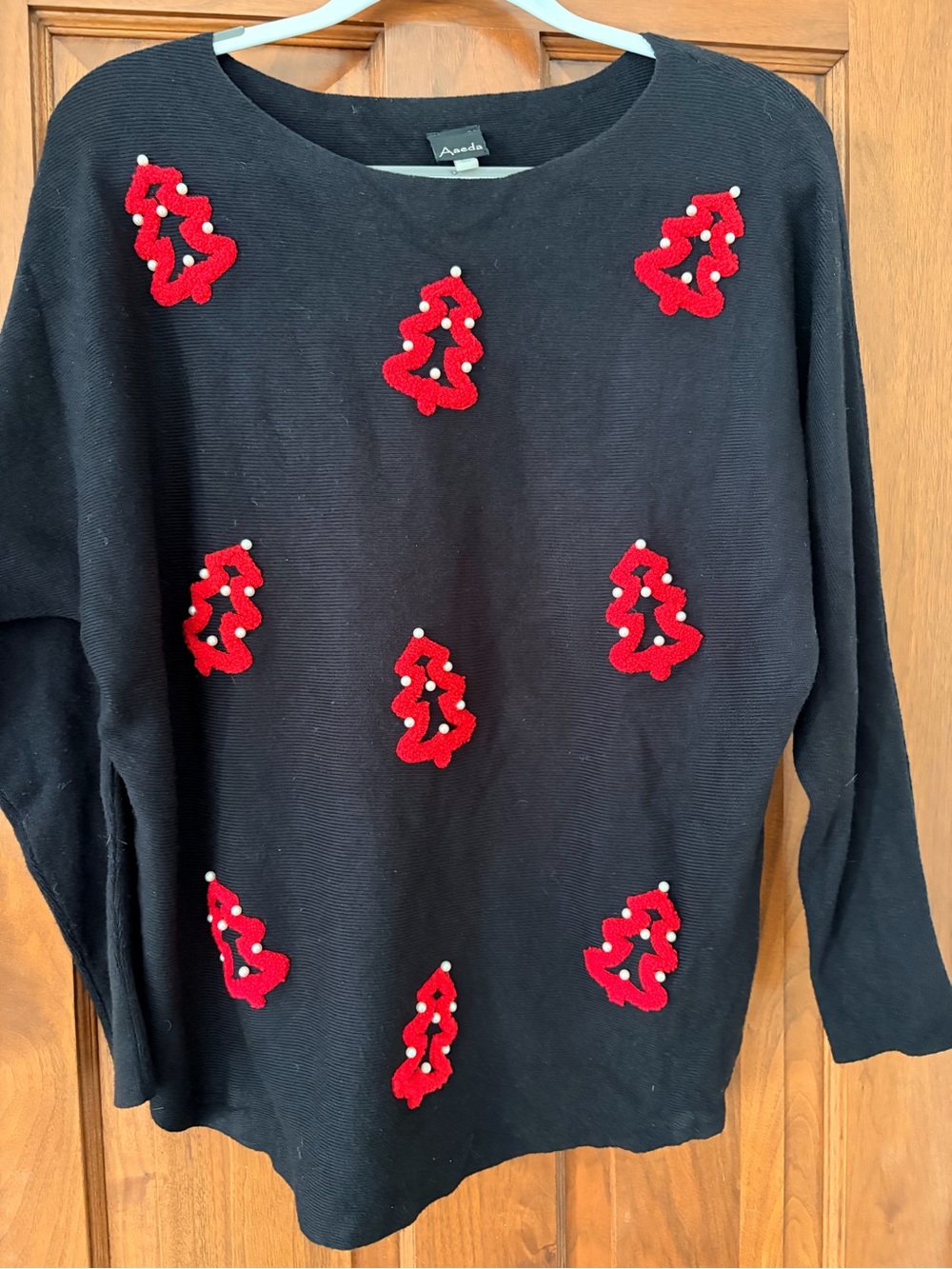 Black Women's Crew Neck Sweater with Red Tree Appliqués